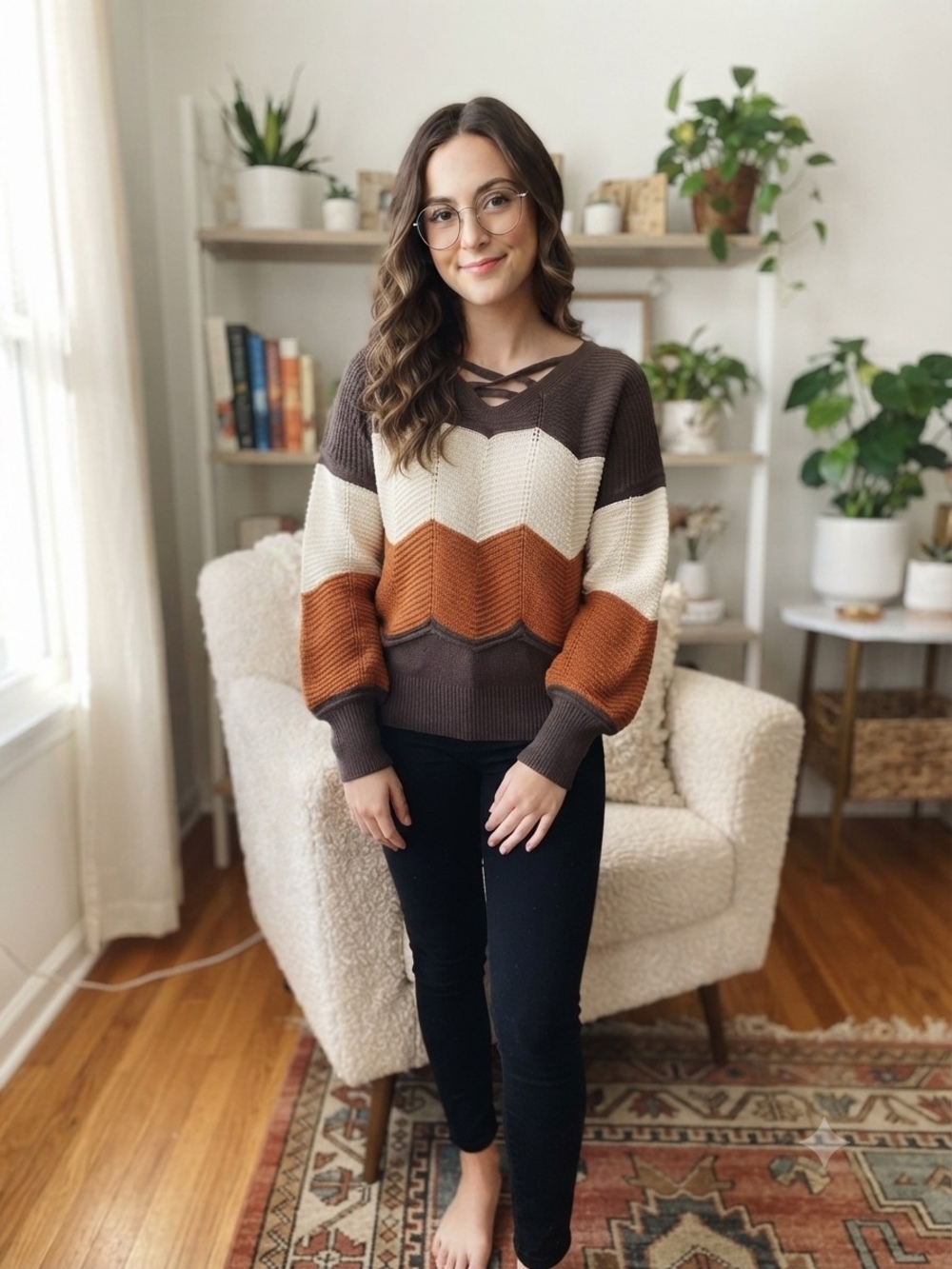 Size XL Colorblock Chevron V-Neck Sweater in Soft knit colorblocBrown/Cream/Rust